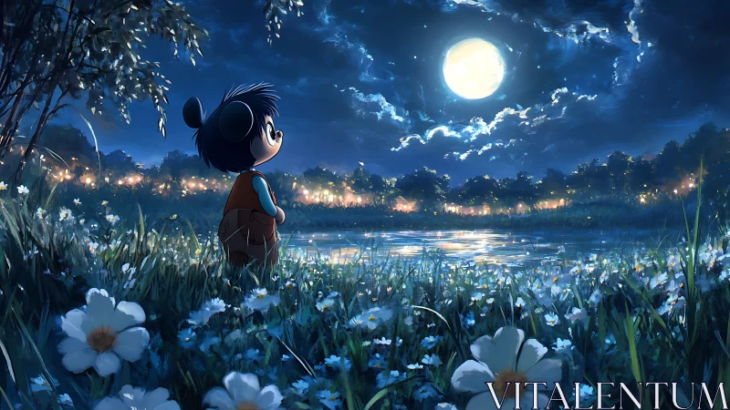 Small moonwatcher drifts into blue-silver flowered dreams