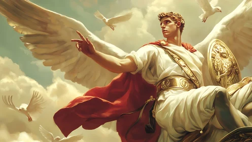 Winged classical hero commands doves in radiant cloudscape