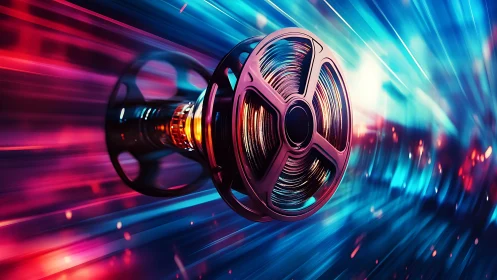 High-speed film reel spins through neon cinematic light trails