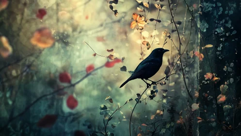 Blue bird perches among autumn flowers and falling leaves.