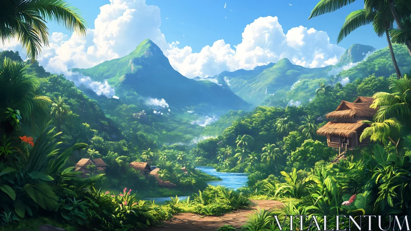 Tropical mountain valley with river and jungle village.