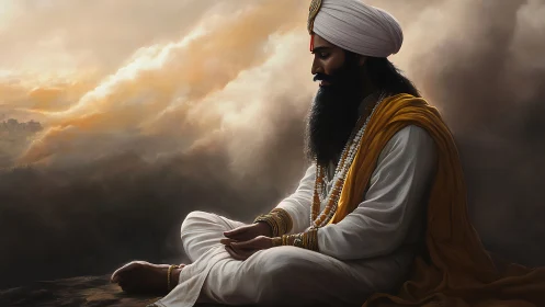 Meditative Sikh man seated in traditional robes at dusk.