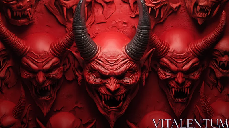 Sculpted demonic masks form a high-relief red horror tableau