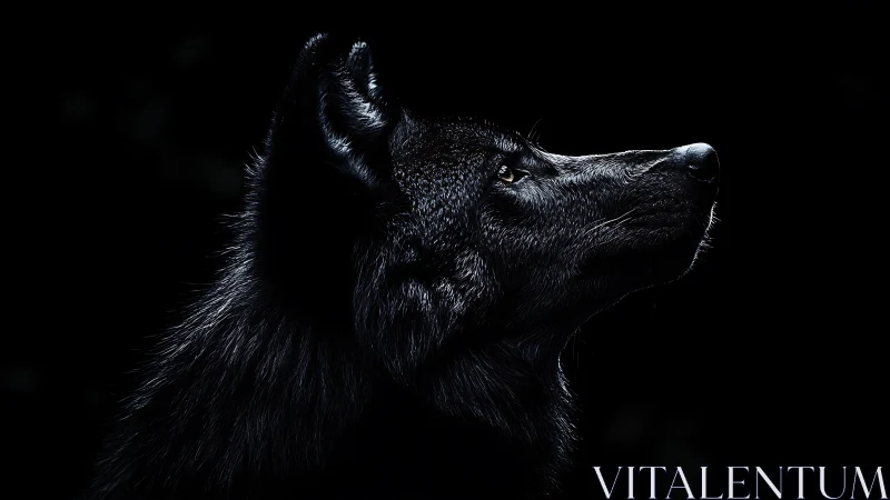 Side profile of black wolf against dark negative space.