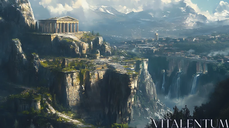 Ancient-style temple on vast cliffside cityscape plateau.