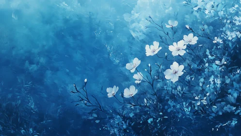 White flowers bloom against deep blue gradient background