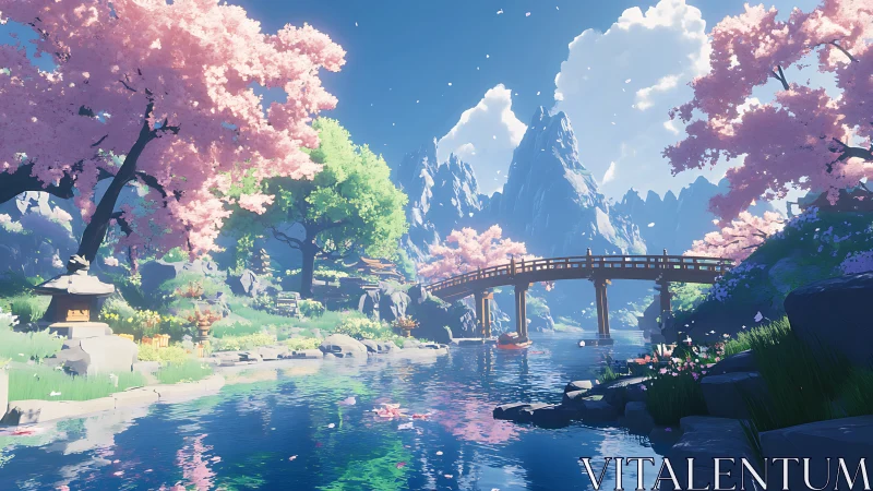 Gentle spring bridge over a dreamy mountain river valley.