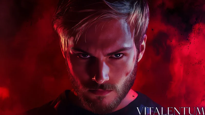 Brooding ember-eyed antihero framed in crimson stormlight.