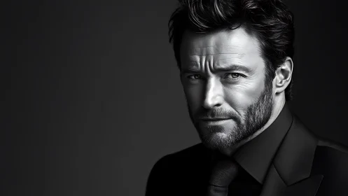 Intense bearded man in monochrome studio portrait lighting.