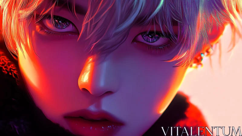 High-contrast neon portrait uses rim lighting on anime face
