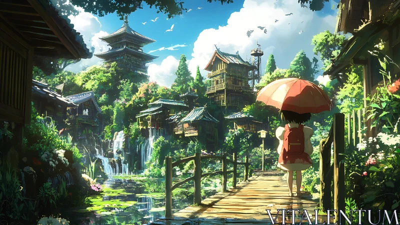 Child on bridge in lush anime village with tiered waterfalls