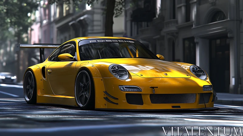 Yellow GT race car rendered with high-gloss street lighting realism