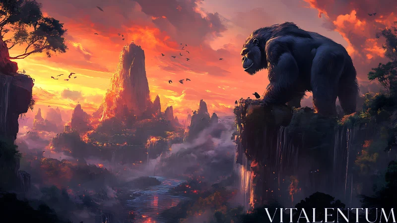 Giant gorilla guards volcanic cliffs at blazing sunset.