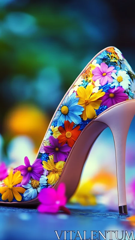 High-heel stiletto densely tessellated with vivid florals.