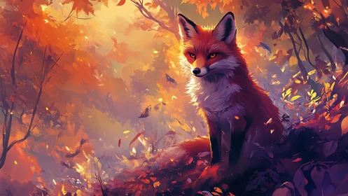 Red fox sitting in vivid orange autumn forest scene.