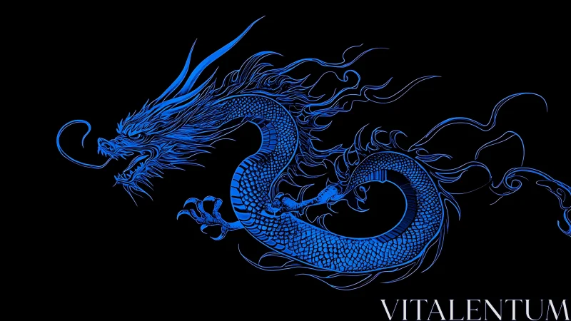 Blue line art depiction of coiled Chinese dragon profile.