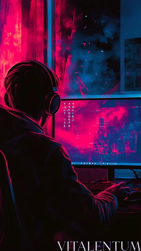 Solitary gamer glows in neon cyberpunk night at his desk
