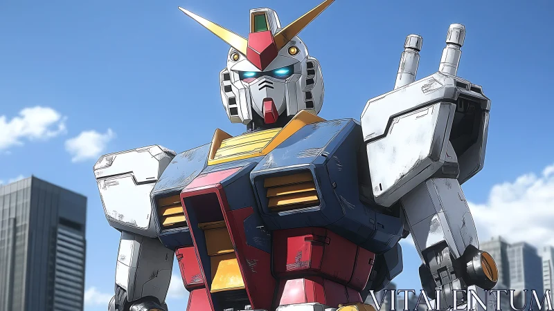 Cel shaded mecha hero in urban skyline low-angle composition.