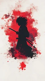 Samurai silhouette amid red ink splatter abstract field