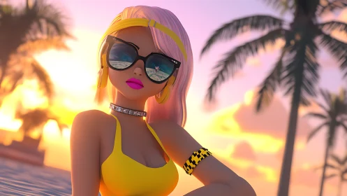 Stylized 3D beach model with reflective sunglasses at sunset