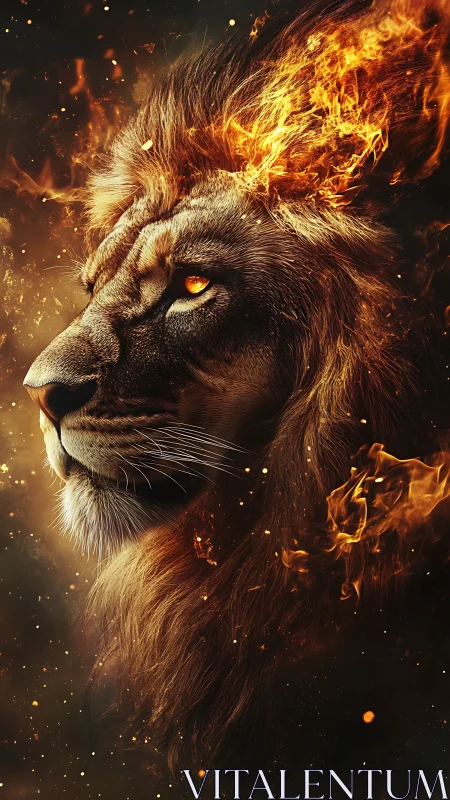 Mythic lion portrait crowned with blazing elemental fire.