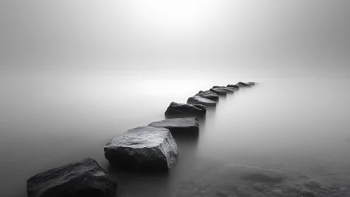 Long-exposure monochrome shoreline with receding stone path