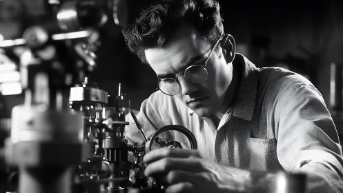 Man examines precision mechanical apparatus in monochrome image