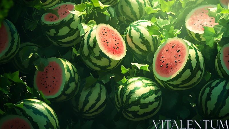 Watermelons with sliced tops shown among dense green vines