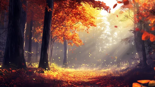Autumn Forest Path: Golden Leaves and Misty Radiance.