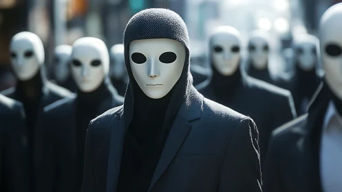 Masked figures in suits advance through blurred urban corridor