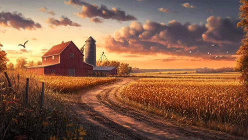 Golden country road winds gently toward a quiet red barn