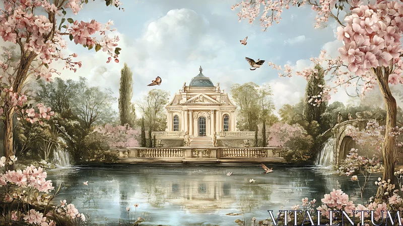 Ornate lakeside pavilion with blossoms and arched bridge.