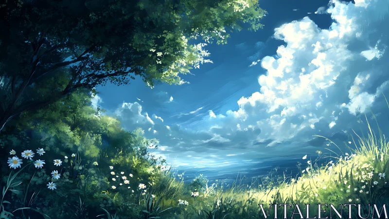 Sunlit meadow portal beneath cloud-swept blue heavens.