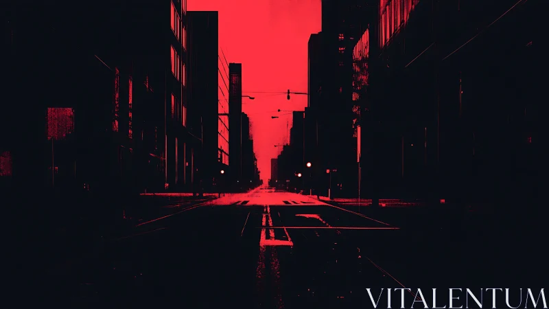 Red-soaked empty city street dissolves into dark silence.