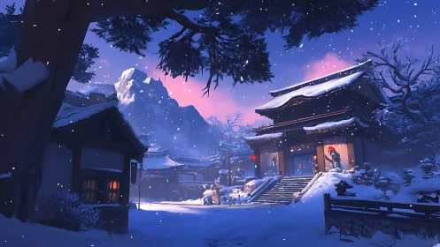 Snow-laden temple complex under dusk-gradient alpine sky.