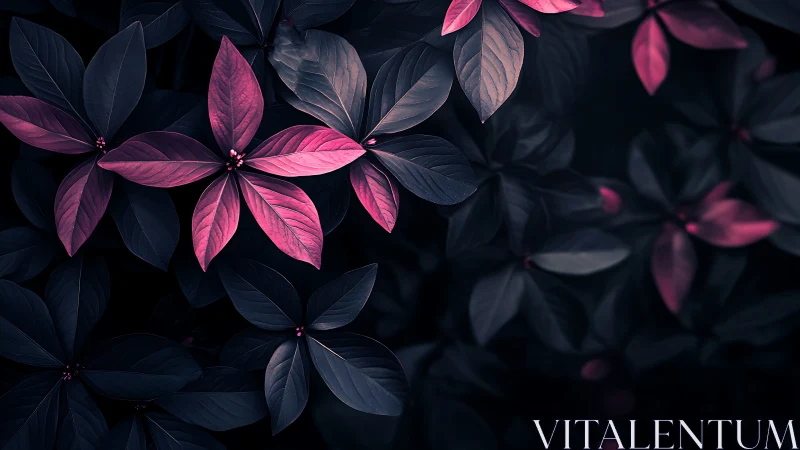 Magenta foliage glows against dark background in moody closeup
