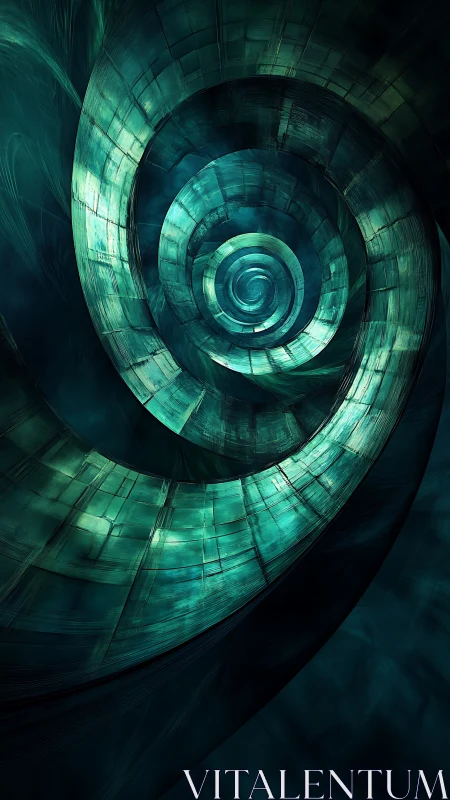 Spiral metallic tunnel curves into deep teal abstract vortex