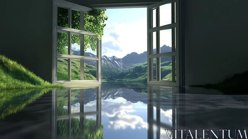 Open window reveals serene mountains reflected on glassy floor.