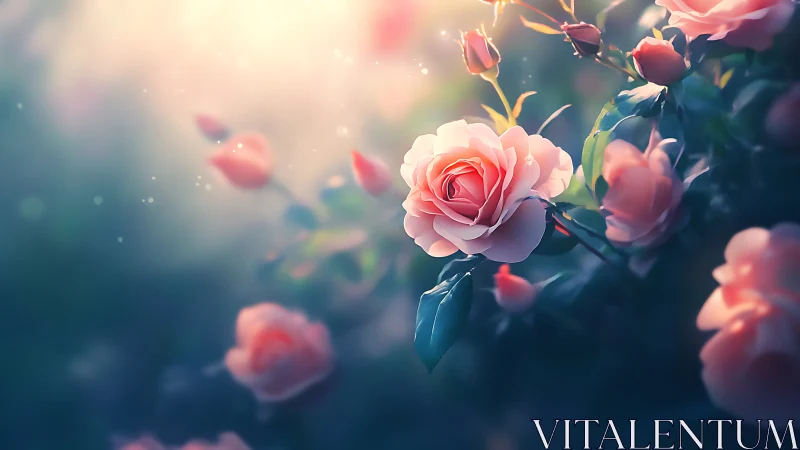 Luminescent roses bloom in soft focus garden glow.