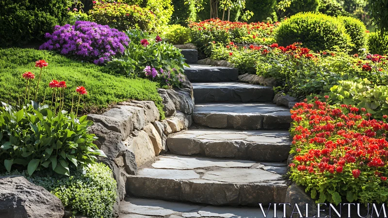 Stone garden steps framed by bright summer flower beds.