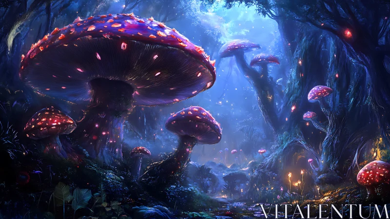 Luminescent crimson mushrooms in bioluminescent forest dreamscape.