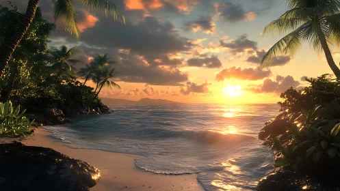 Tropical shoreline sunset with palm silhouettes and soft waves.