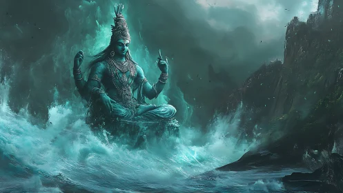 Mythic sea deity in storm-tossed turquoise waters. Period.