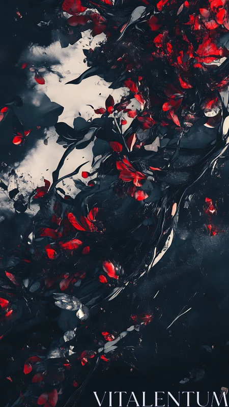 Crimson petals entwine with obsidian fluid forms in motion.