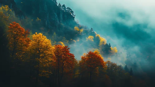 Autumn Valley Shrouded in Misty Mountain Fog