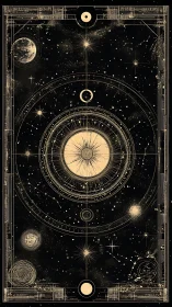 Celestial orrery diagram with concentric golden orbital rings.