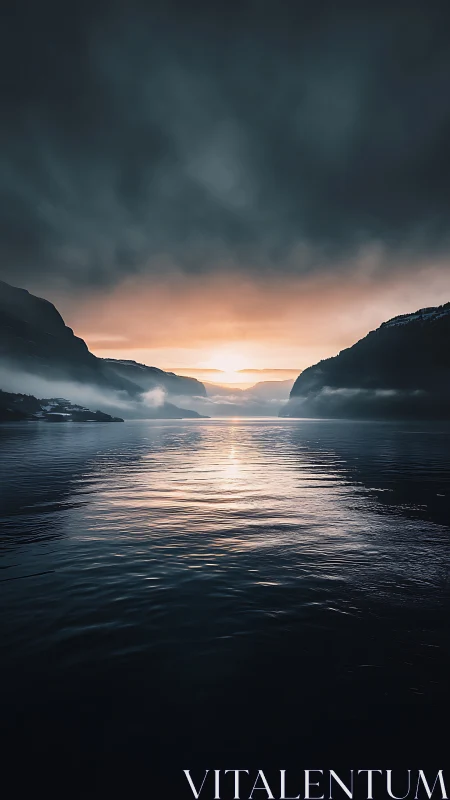 Moody fjord sunrise pours soft light over misty waters