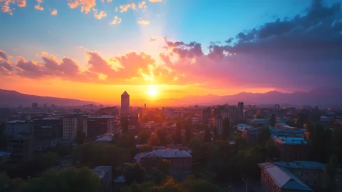 Urban skyline at sunset with volumetric clouds and distant ranges