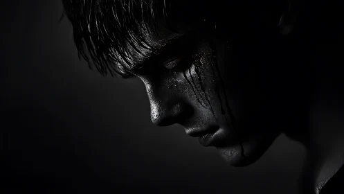 Low key side profile portrait with wet skin and streaked fluid