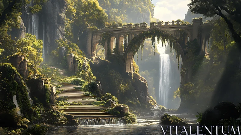 Architectural ruin bridge over bifurcated waterfall gorge.